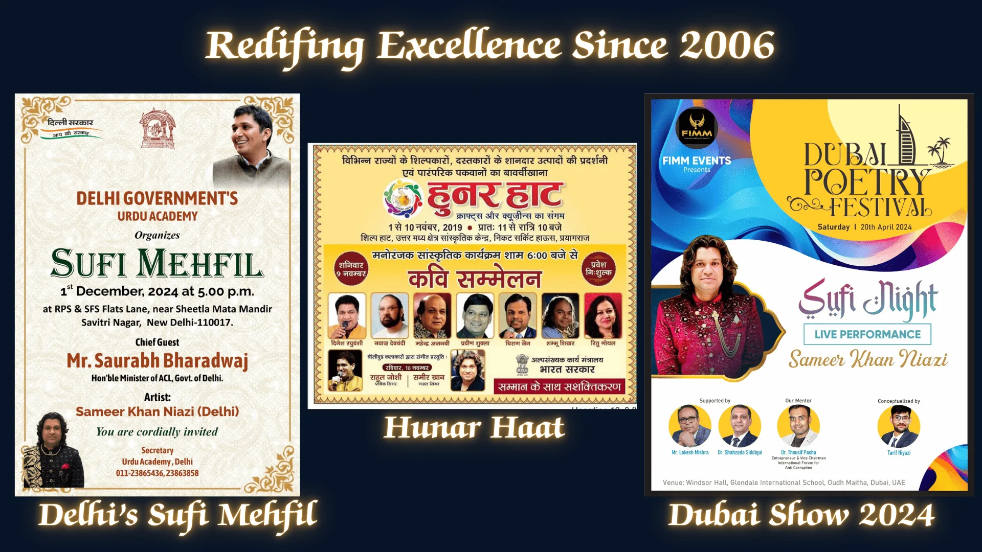 Official event posters for Delhi Government's Sufi Mehfil, Hunar Haat, and the Dubai Poetry Festival featuring Sameer Khan Niazi.